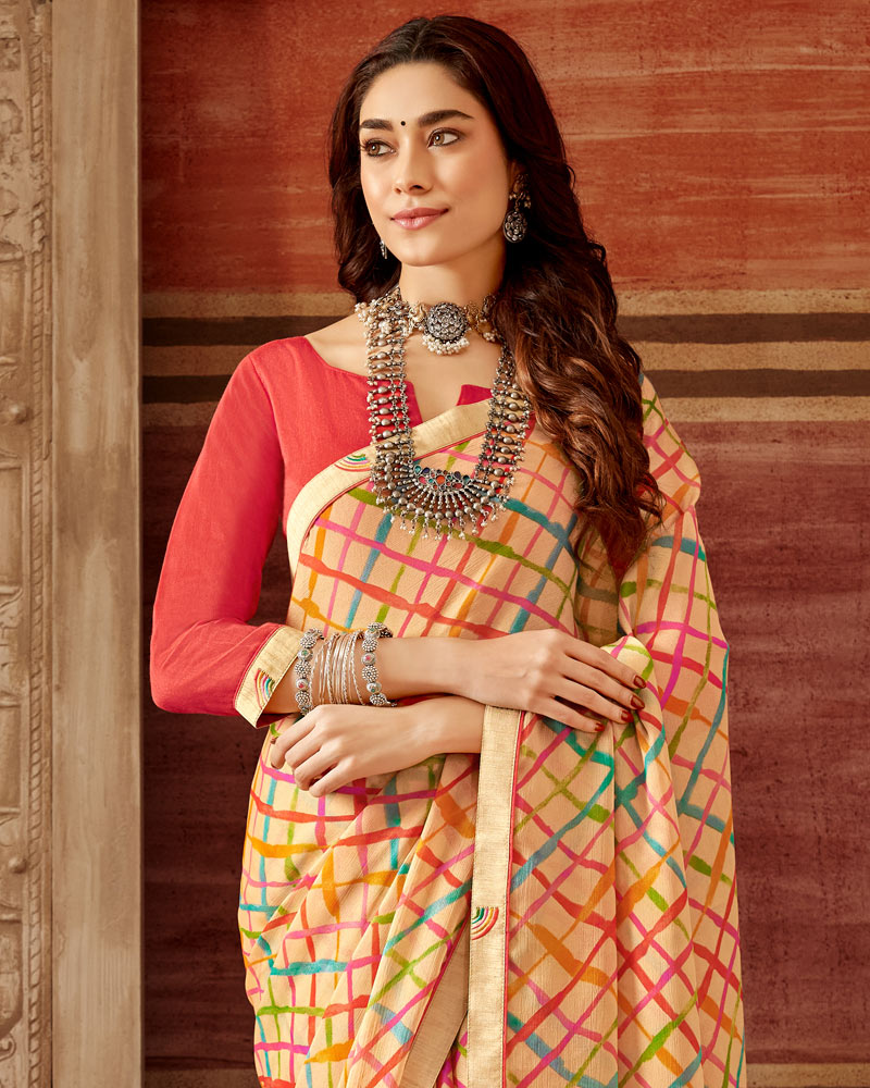 Vishal Prints Copperfield Cream Printed Georgette Saree With Fancy Border