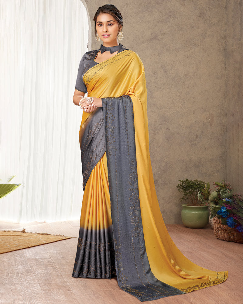 Vishal Prints Orange And Grey Satin Saree With Stone Diamond Work