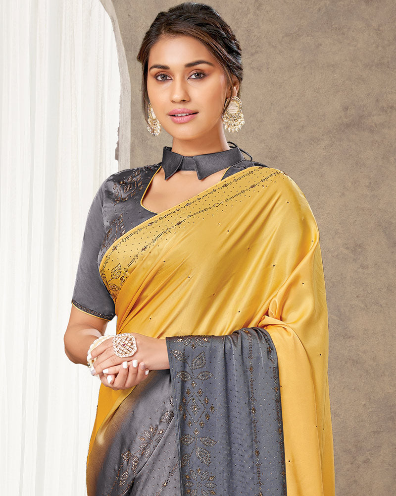 Vishal Prints Orange And Grey Satin Saree With Stone Diamond Work