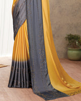 Vishal Prints Orange And Grey Satin Saree With Stone Diamond Work
