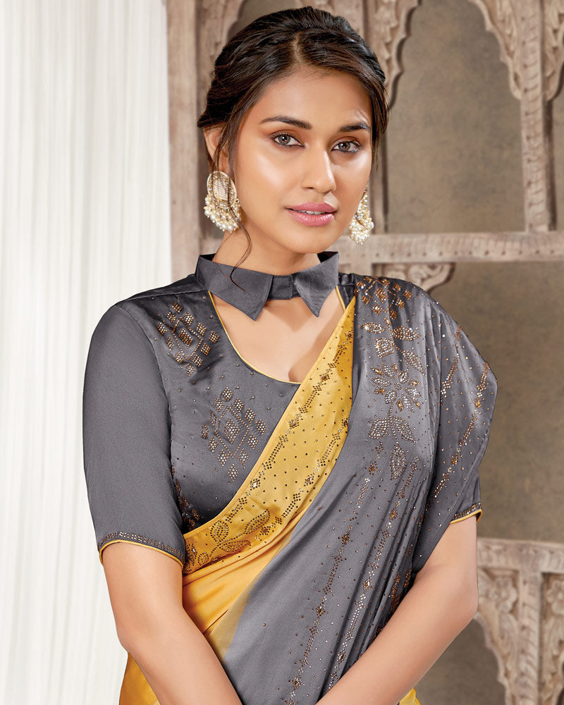 Vishal Prints Orange And Grey Satin Saree With Stone Diamond Work