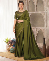 Vishal Prints Mehandi Green Satin Saree With Stone Diamond Work