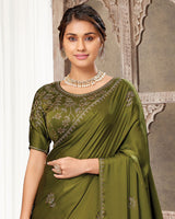 Vishal Prints Mehandi Green Satin Saree With Stone Diamond Work