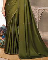 Vishal Prints Mehandi Green Satin Saree With Stone Diamond Work