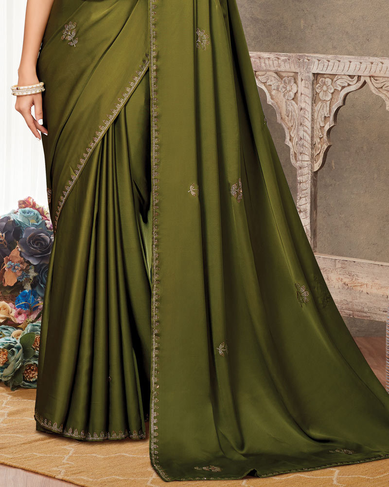 Vishal Prints Mehandi Green Satin Saree With Stone Diamond Work