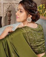 Vishal Prints Mehandi Green Satin Saree With Stone Diamond Work