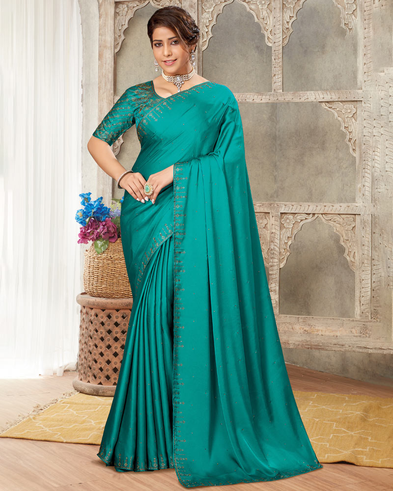 Vishal Prints Dark Teal Satin Saree With Stone Diamond Work