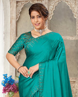 Vishal Prints Dark Teal Satin Saree With Stone Diamond Work