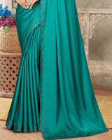 Vishal Prints Dark Teal Satin Saree With Stone Diamond Work