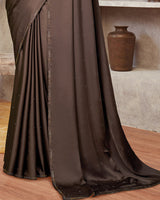 Vishal Prints Dark Brown Satin Saree With Stone Diamond Work