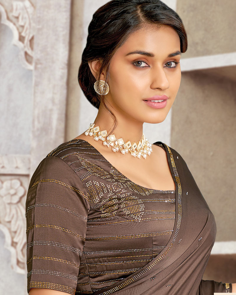 Vishal Prints Dark Brown Satin Saree With Stone Diamond Work