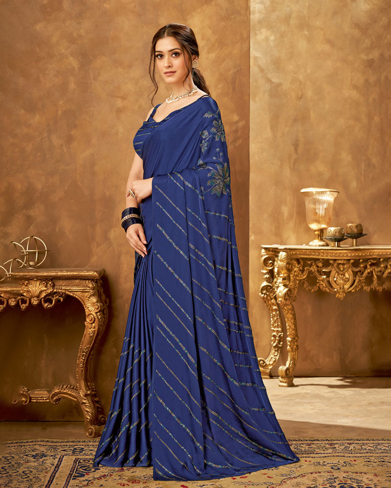 Vishal Prints Dark Blue Satin Saree With Stone Work