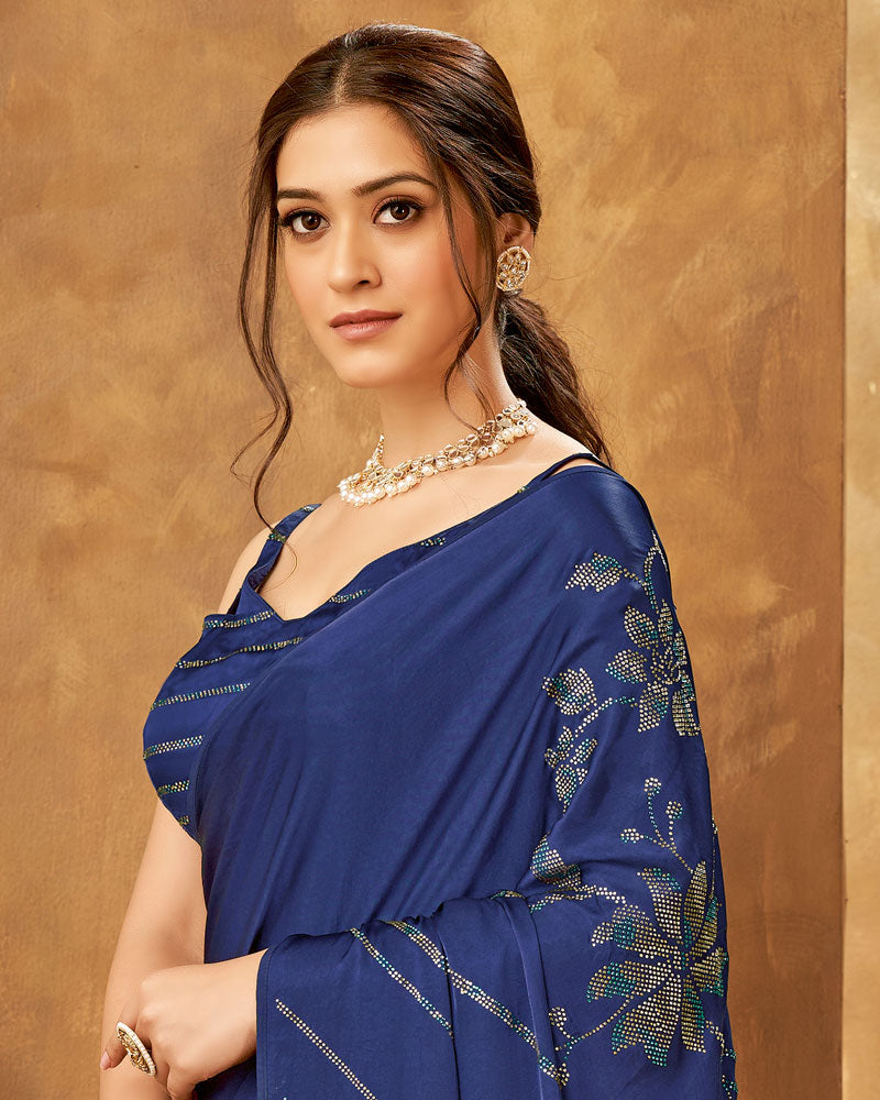 Vishal Prints Dark Blue Satin Saree With Stone Work