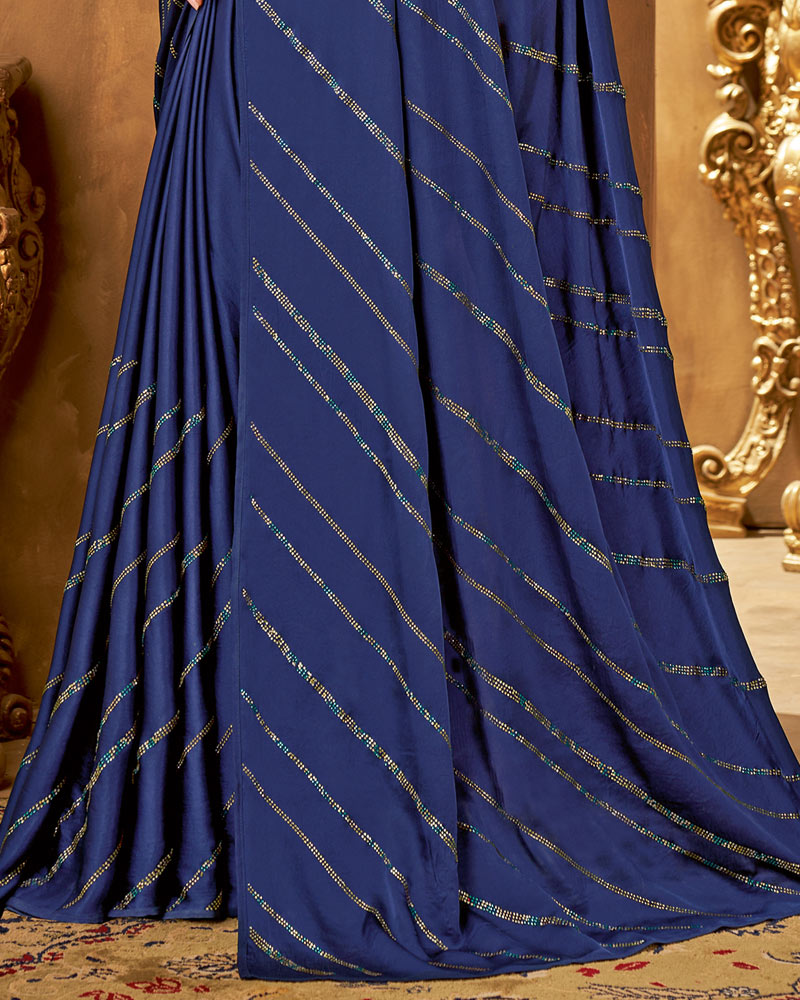 Vishal Prints Dark Blue Satin Saree With Stone Work
