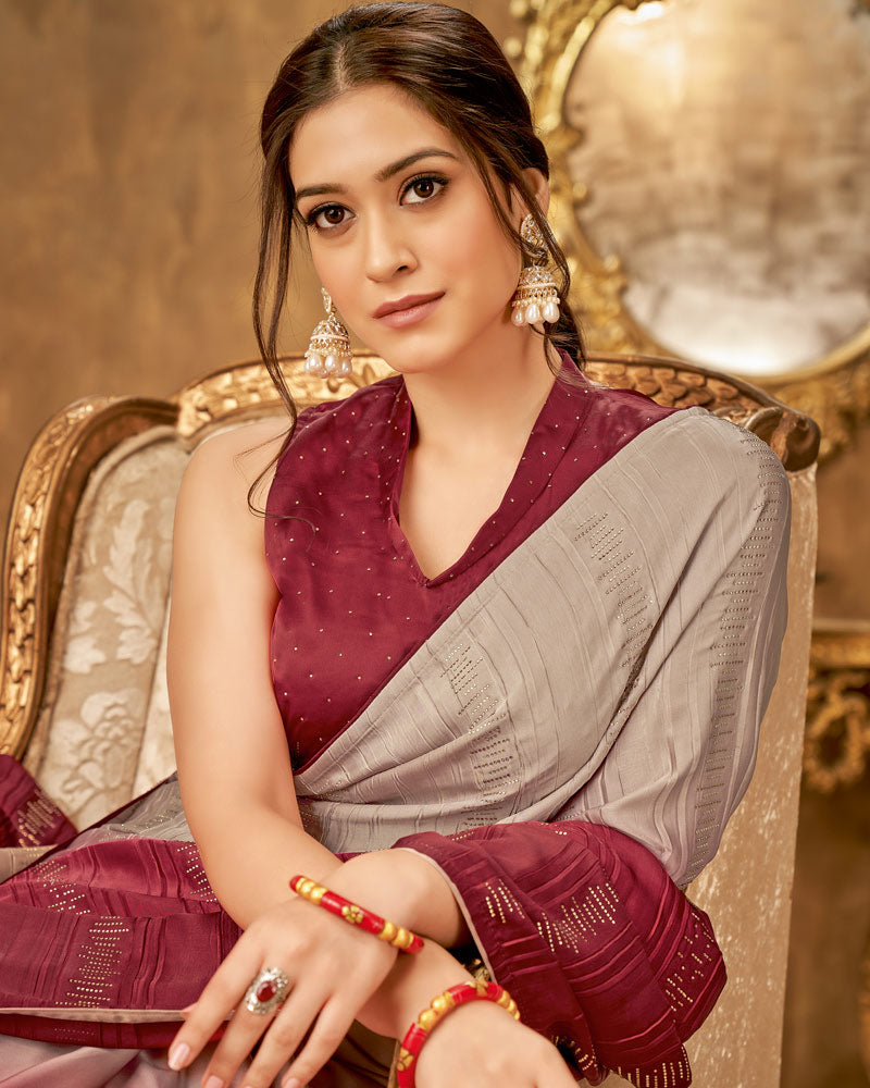 Vishal Prints Olive Grey, Maroon Satin Saree With Stone Work With (Crushed Pattern)