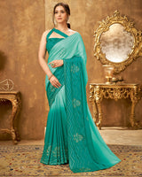 Vishal Prints Turquoise Satin Saree With Stone Work