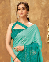 Vishal Prints Turquoise Satin Saree With Stone Work