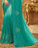 Vishal Prints Turquoise Satin Saree With Stone Work