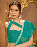 Vishal Prints Turquoise Satin Saree With Stone Work