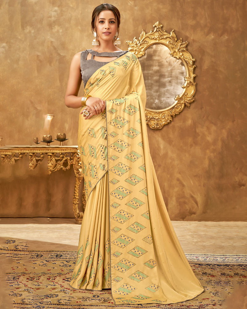 Vishal Prints Tan Satin Saree With Stone Work