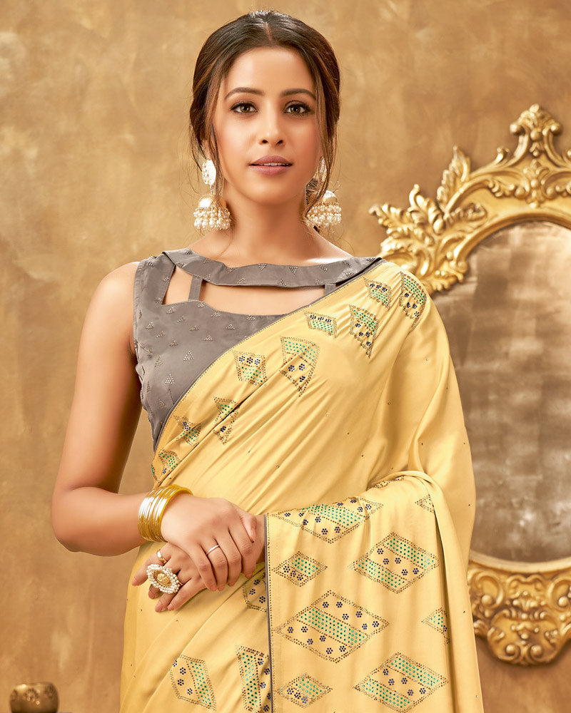 Vishal Prints Tan Satin Saree With Stone Work