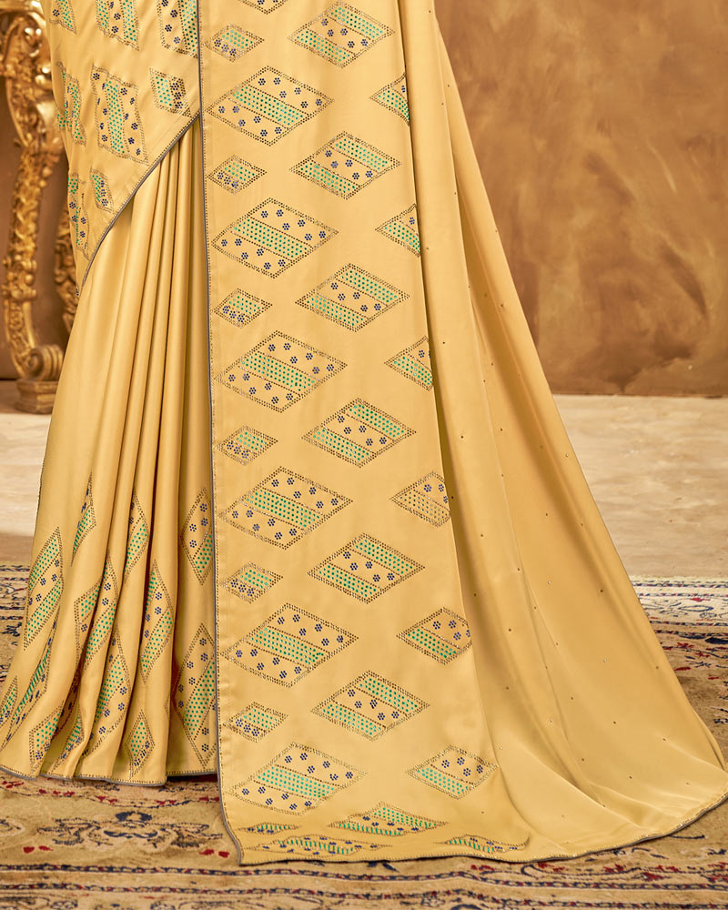 Vishal Prints Tan Satin Saree With Stone Work