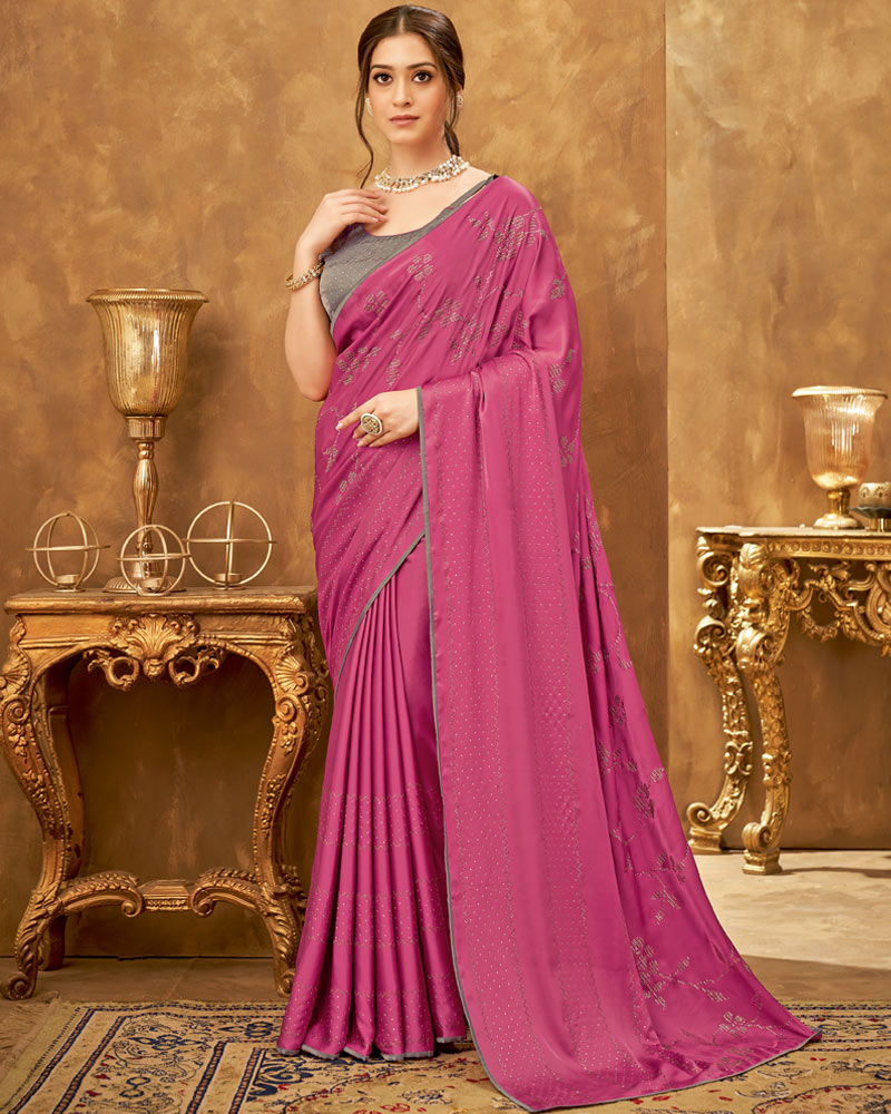 Vishal Prints Dark Rose Satin Saree With Stone Work