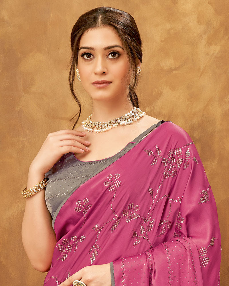 Vishal Prints Dark Rose Satin Saree With Stone Work