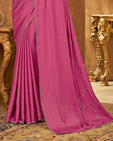 Vishal Prints Dark Rose Satin Saree With Stone Work