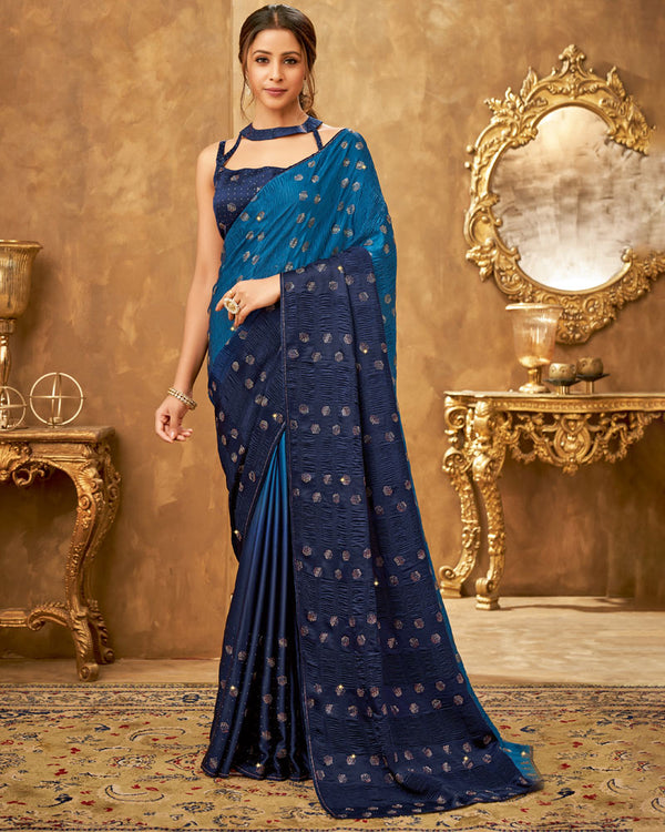 Vishal Prints Dark Blue Satin Saree With Stone Work