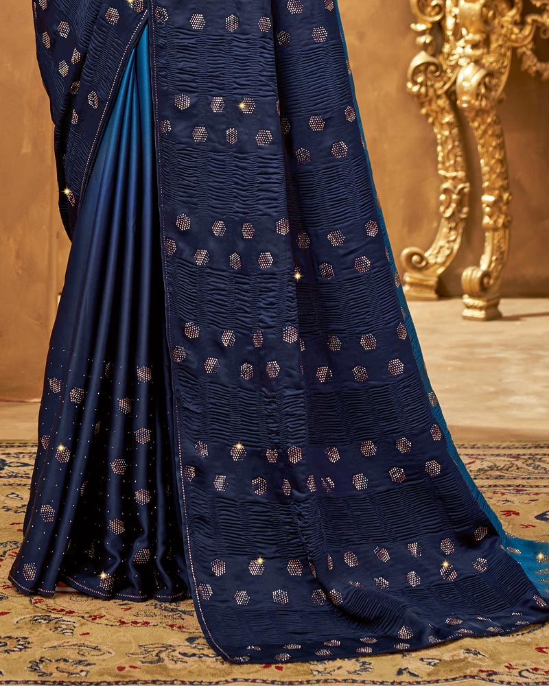 Vishal Prints Dark Blue Satin Saree With Stone Work