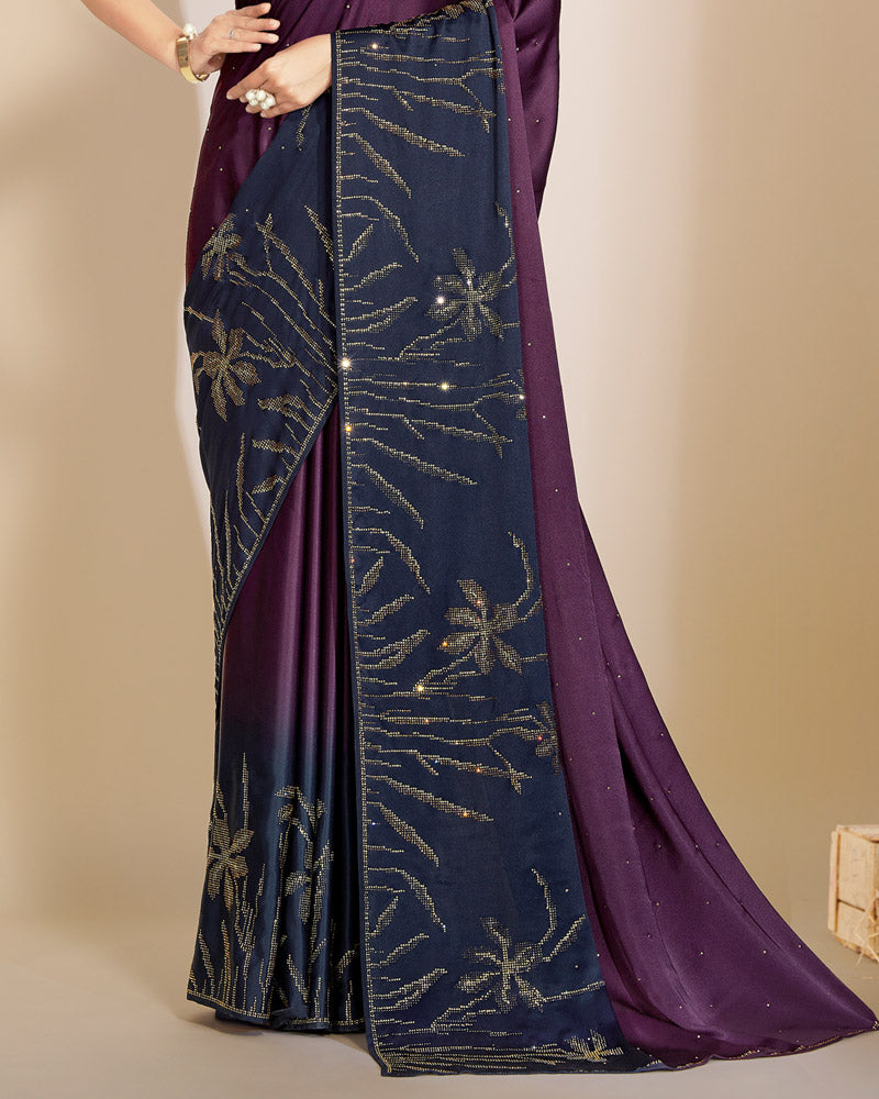 Vishal Prints Purple And Dark Navy Premium Satin Saree With Stone Diamond Work