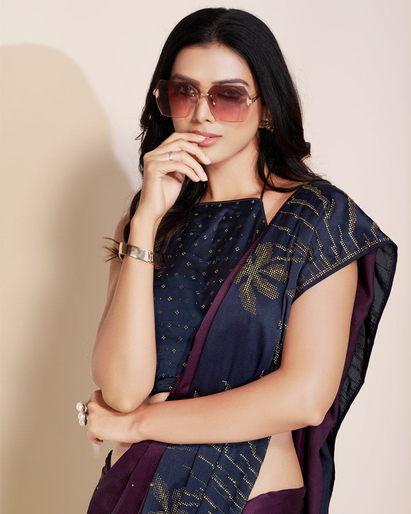 Vishal Prints Purple And Dark Navy Premium Satin Saree With Stone Diamond Work