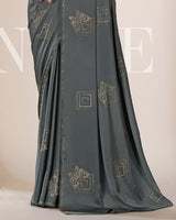 Vishal Prints Carbon Grey Premium Satin Saree With Stone Diamond Work