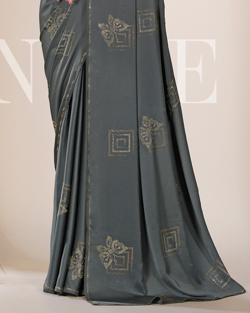 Vishal Prints Carbon Grey Premium Satin Saree With Stone Diamond Work