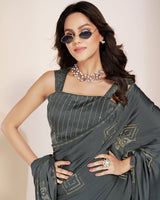 Vishal Prints Carbon Grey Premium Satin Saree With Stone Diamond Work