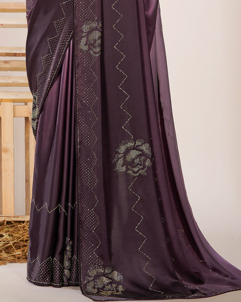 Vishal Prints Opera Mauve Premium Satin Saree With Stone Diamond Work