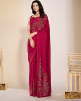 Vishal Prints Rose Red Premium Satin Saree With Stone Diamond Work