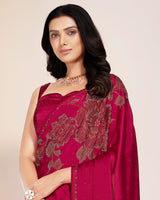Vishal Prints Rose Red Premium Satin Saree With Stone Diamond Work
