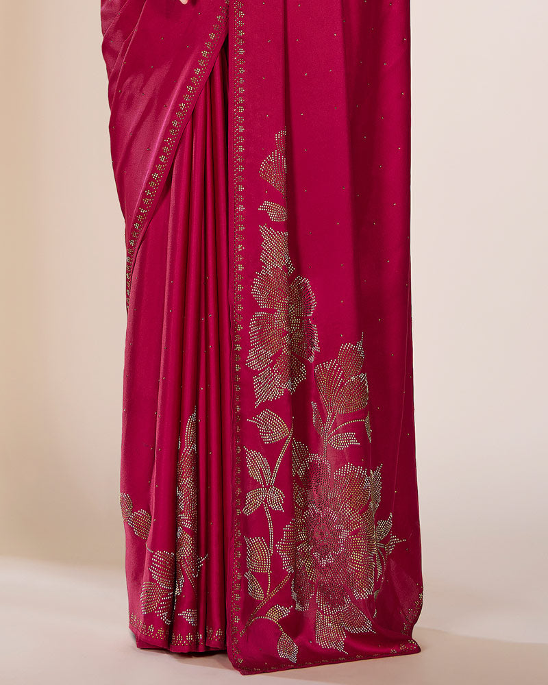 Vishal Prints Rose Red Premium Satin Saree With Stone Diamond Work