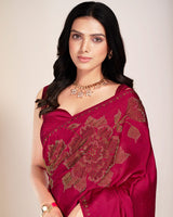Vishal Prints Rose Red Premium Satin Saree With Stone Diamond Work