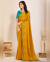 Vishal Prints Golden Yellow Premium Satin Saree With Stone Diamond Work