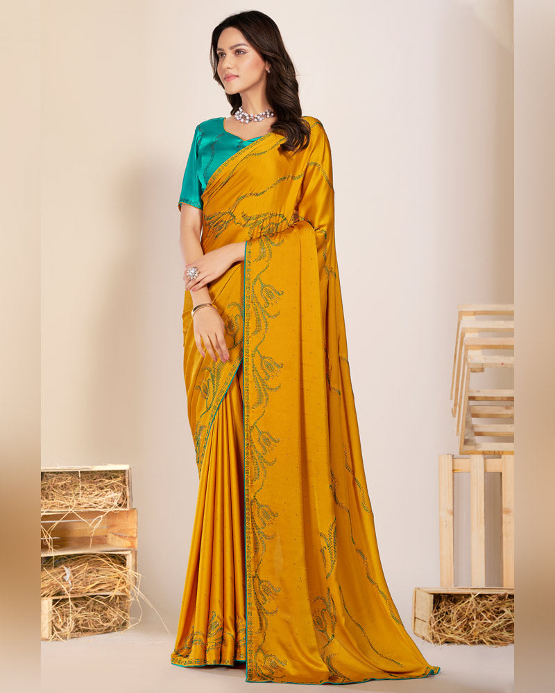 Vishal Prints Golden Yellow Premium Satin Saree With Stone Diamond Work