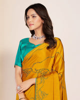 Vishal Prints Golden Yellow Premium Satin Saree With Stone Diamond Work