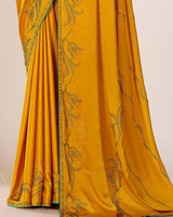Vishal Prints Golden Yellow Premium Satin Saree With Stone Diamond Work