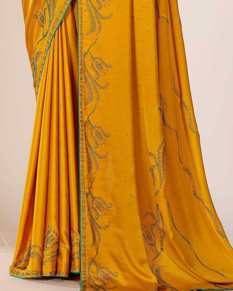 Vishal Prints Golden Yellow Premium Satin Saree With Stone Diamond Work