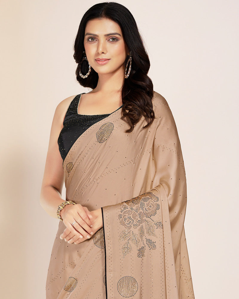 Vishal Prints Pinkish Tan Premium Satin Saree With Stone Diamond Work