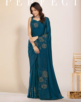 Vishal Prints Regal Blue Premium Satin Saree With Stone Diamond Work