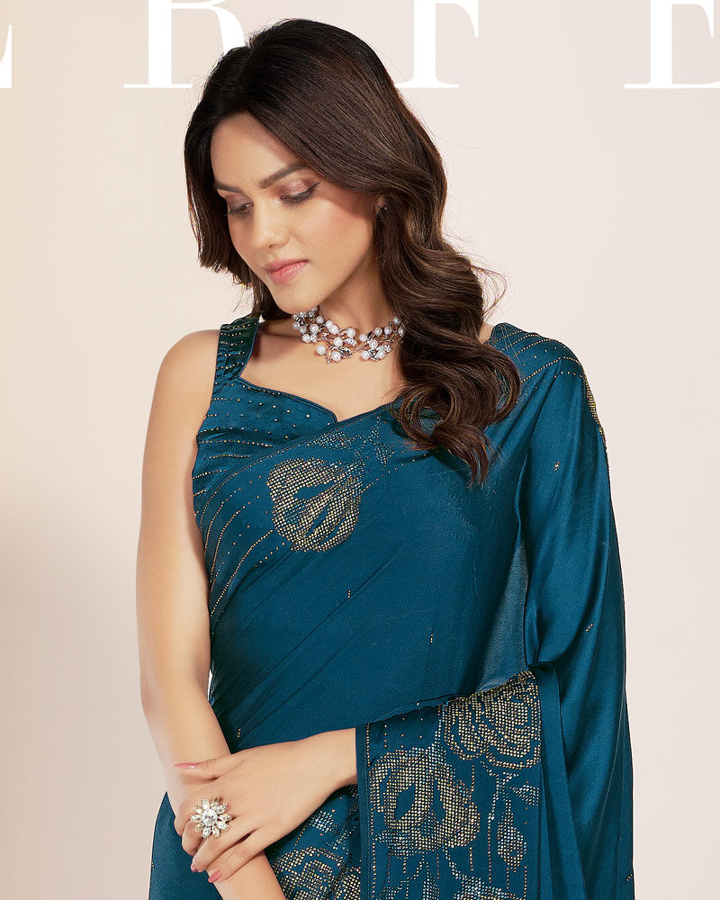 Vishal Prints Regal Blue Premium Satin Saree With Stone Diamond Work