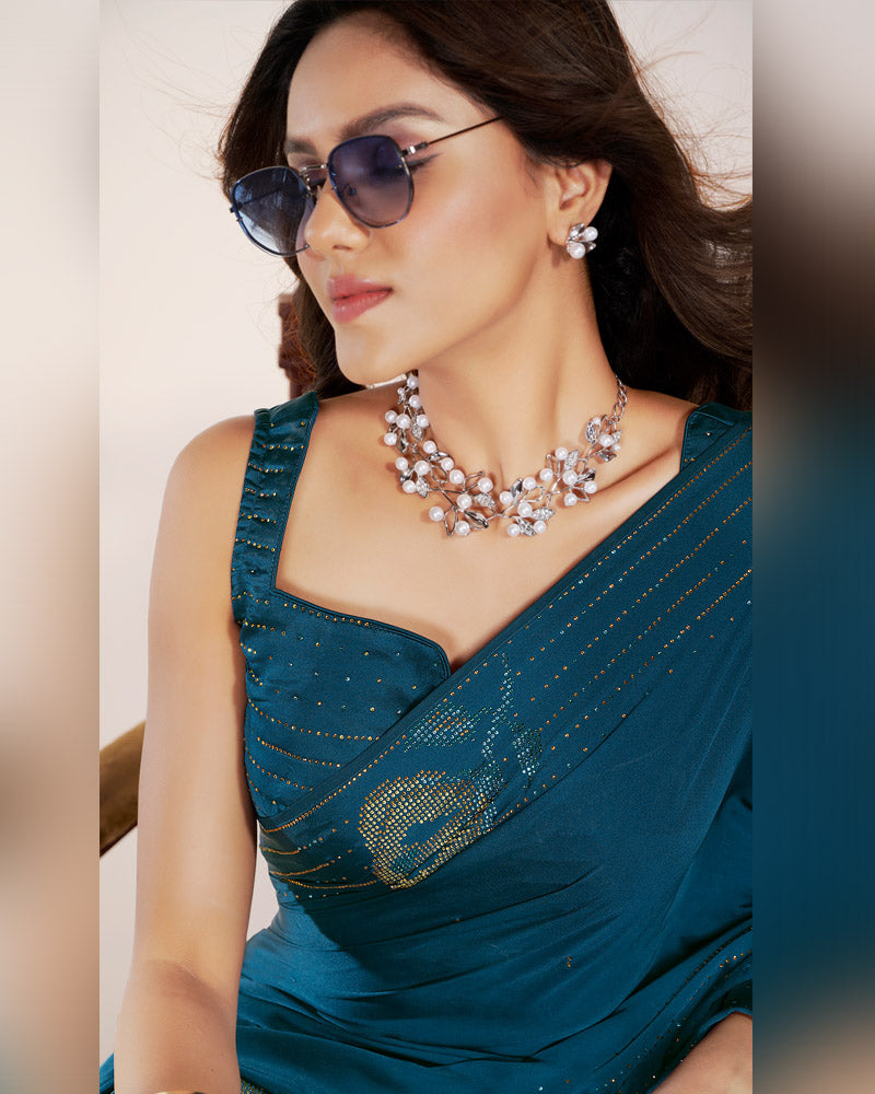 Vishal Prints Regal Blue Premium Satin Saree With Stone Diamond Work